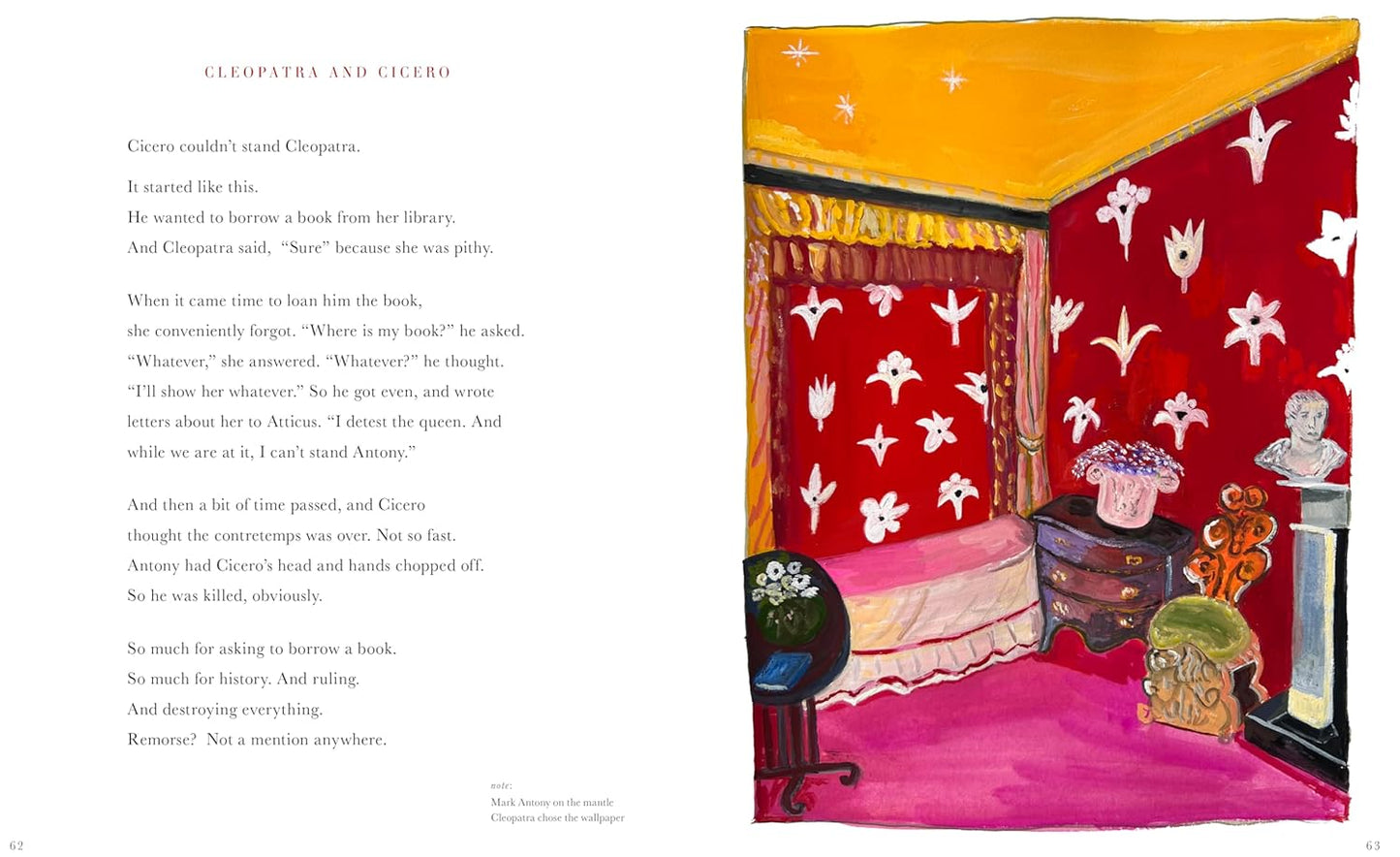 Open book spread with illustrated red curtains and small figurines on table