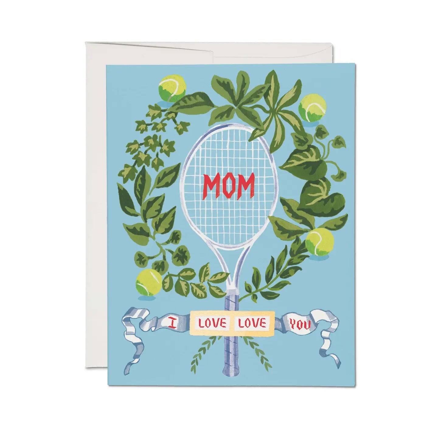Tennis mom greeting card with blue foliage wreath, ribbon text “MOM” and “LOVE LOVE YOU”