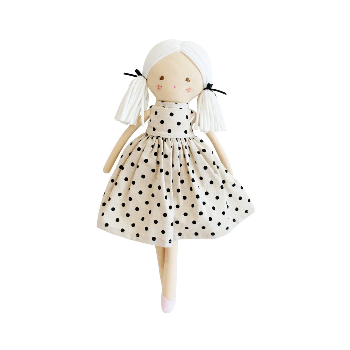 Polka-dot fabric doll with white headscarf, black bow accents, sleeveless dress