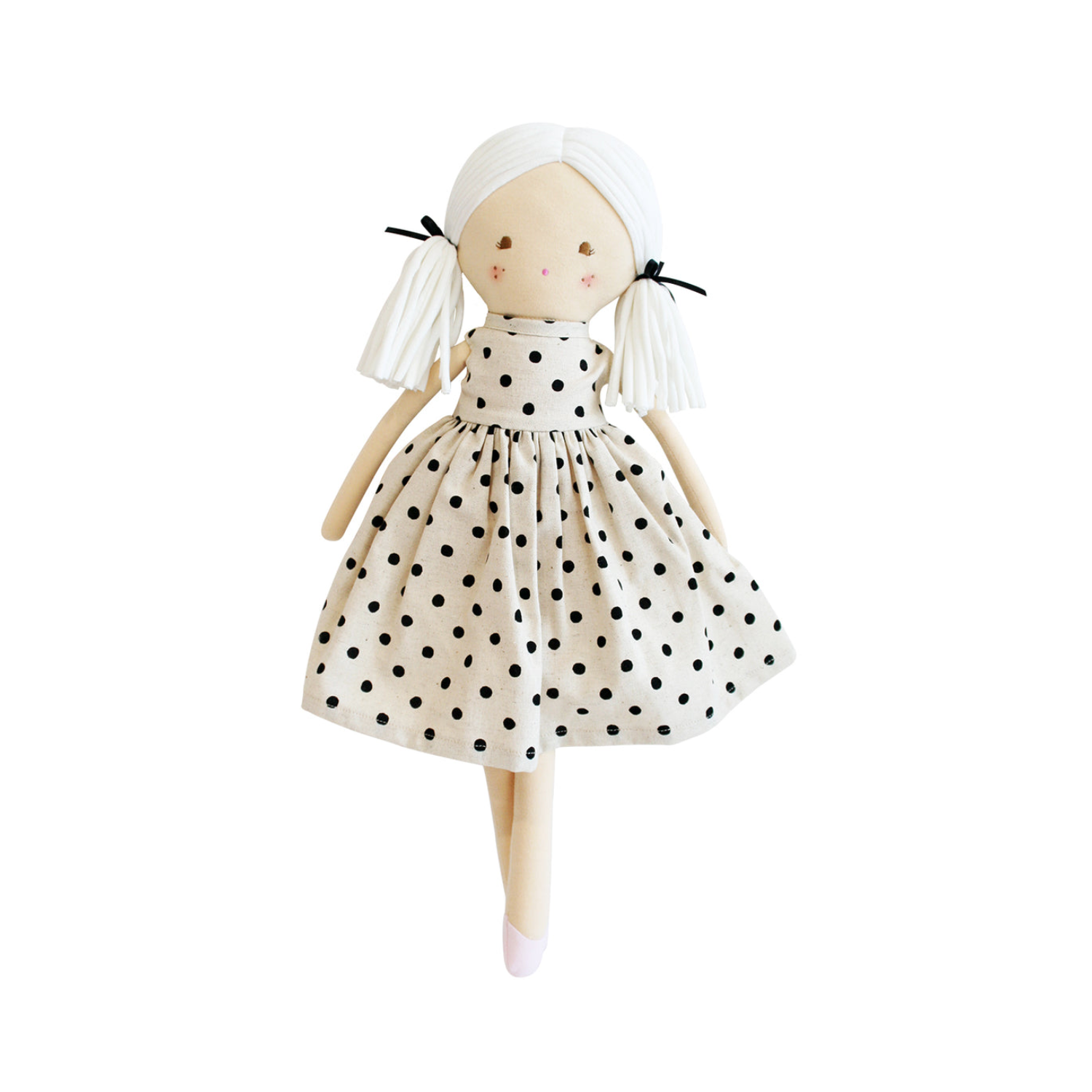 Polka-dot fabric doll with white headscarf, black bow accents, sleeveless dress