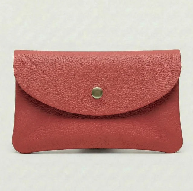 Flamingo pebble leather card wallet with curved flap and round metal snap