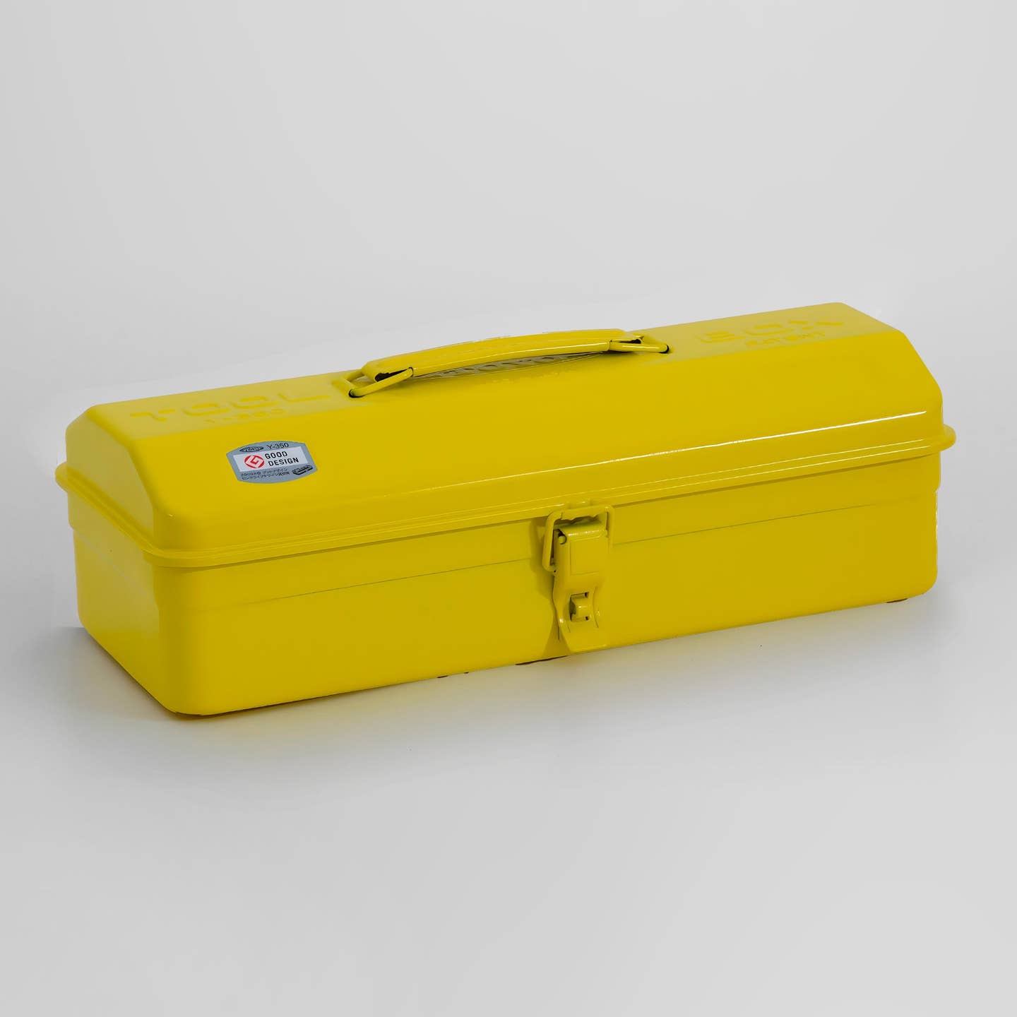 Yellow steel toolbox with top handle and camber lid, metal latch closure