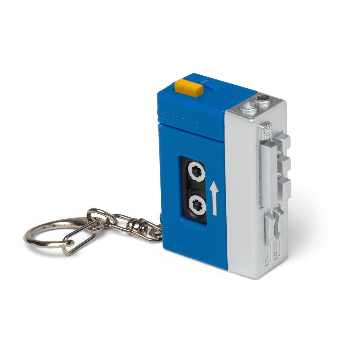 Cassette-style tape player LED keychain in blue with silver side and keyring