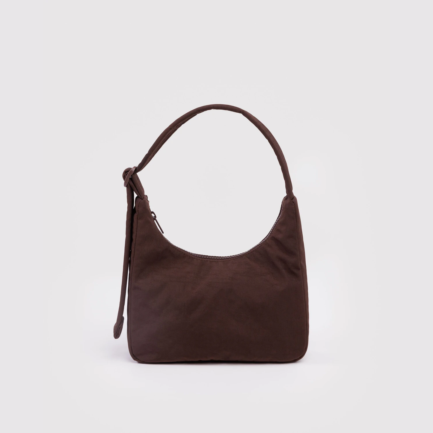 Mini nylon shoulder bag in dark brown with loop handle and tassel tie