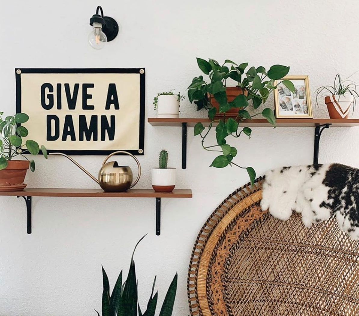 Camp flag hanging on wall with “GIVE A DAMN” text and black border
