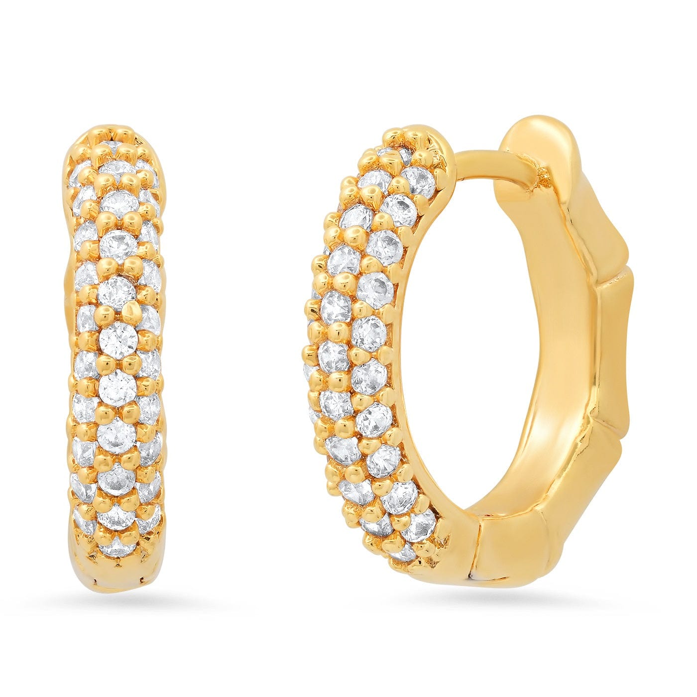 Gold huggie earrings with pavé CZ and bamboo print detail