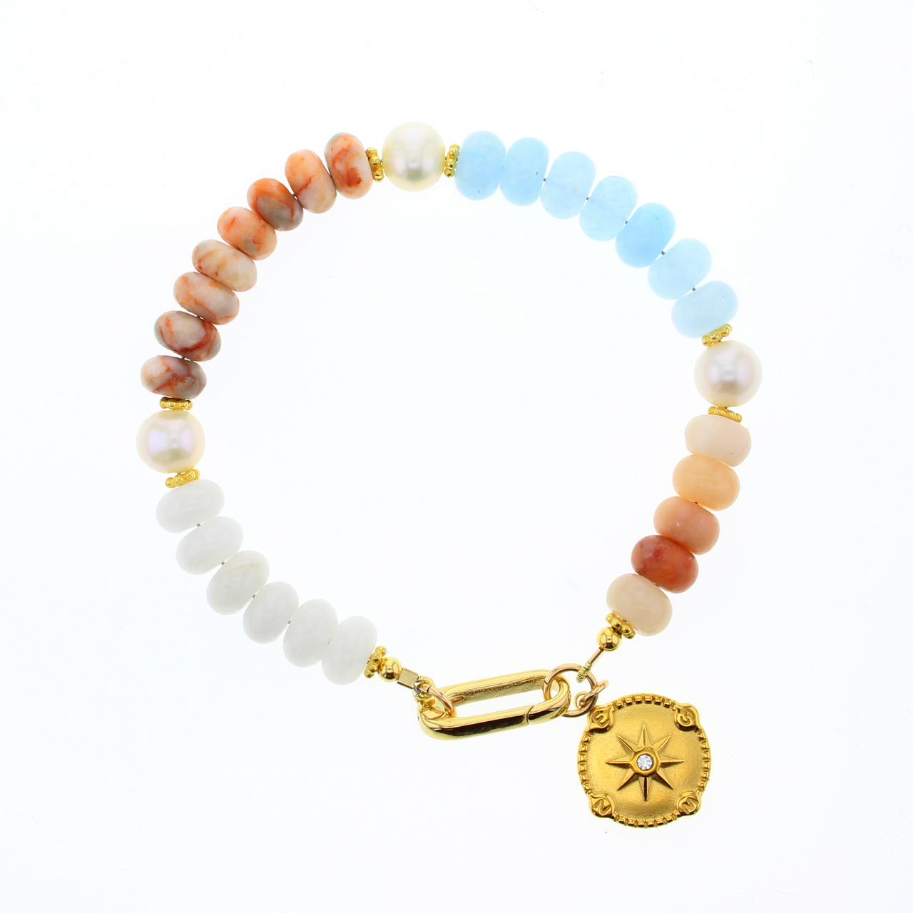 Beaded Noah bracelet with multicolor stone beads, gold clasp and round star charm