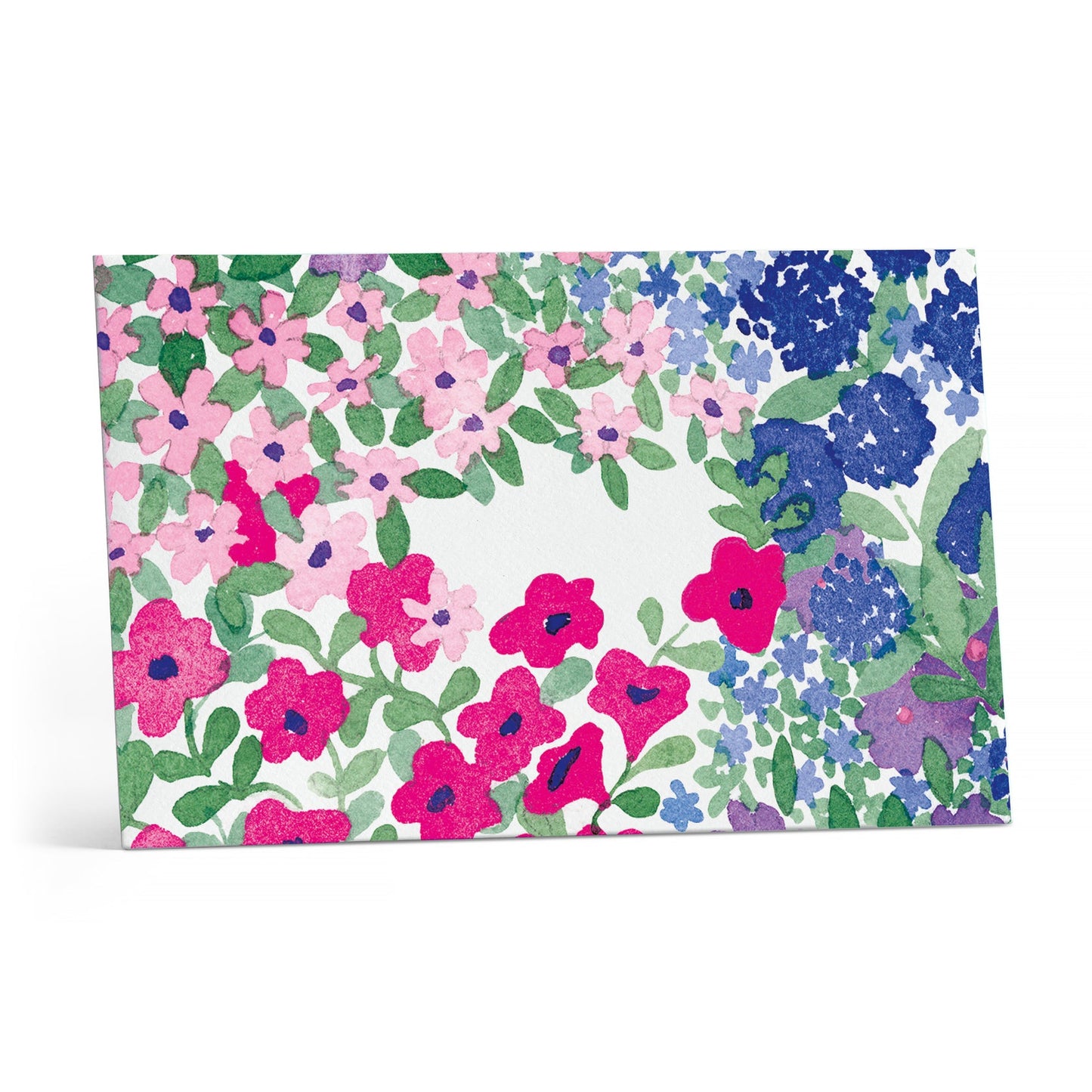 Floral note card with pink, green, and blue blossoms and rounded corners