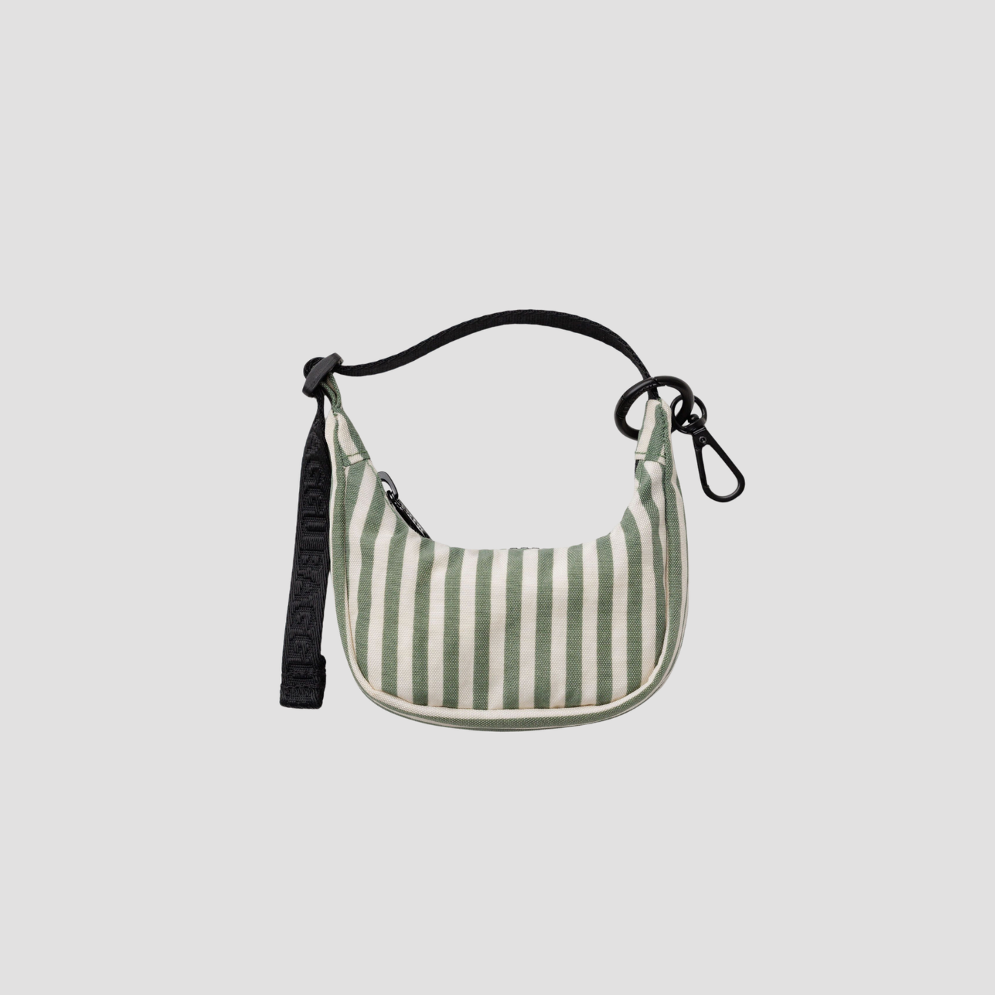Sage stripe crescent bag charm with black drawstring loops