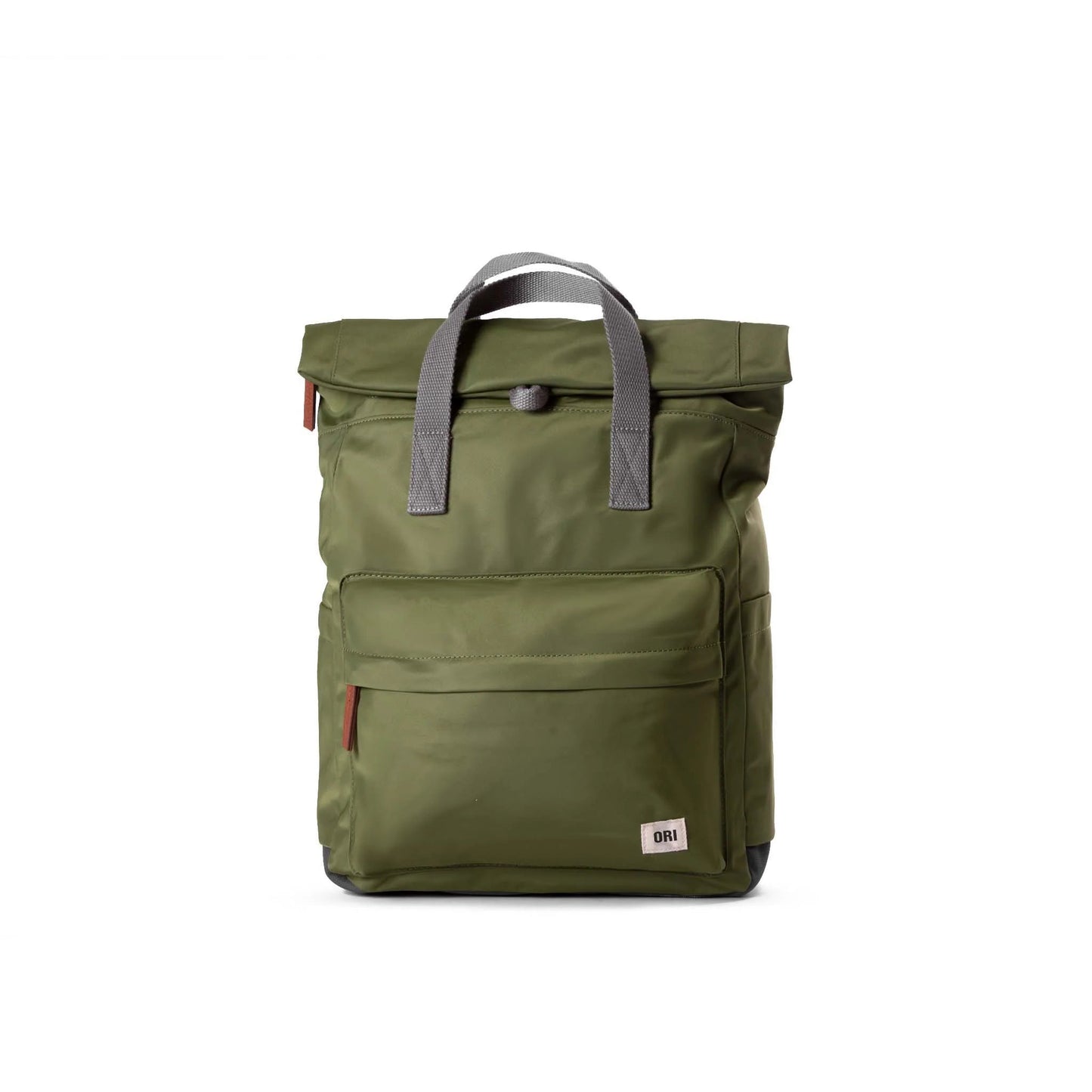 Olive green medium nylon backpack with gray top handles, front panel pocket, and zips