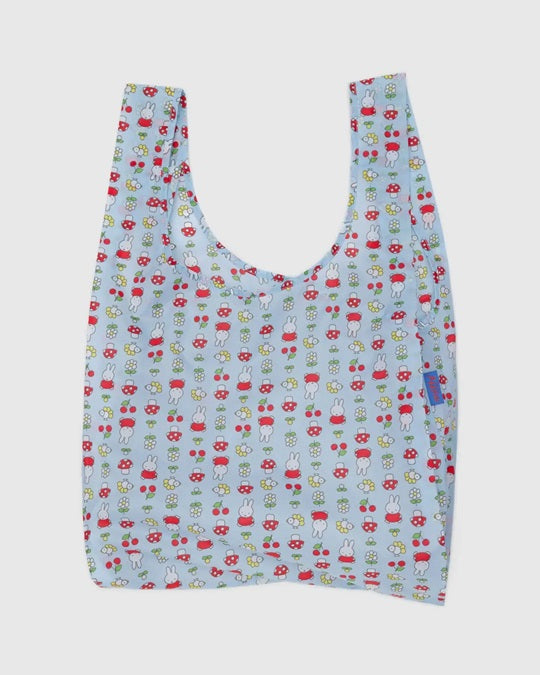 Reusable tote bag, light blue with red/green character pattern