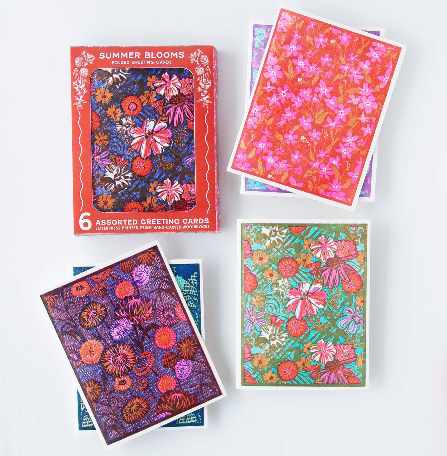 Set of 6 floral greeting cards with assorted trellis-style colorful blooms on fronts