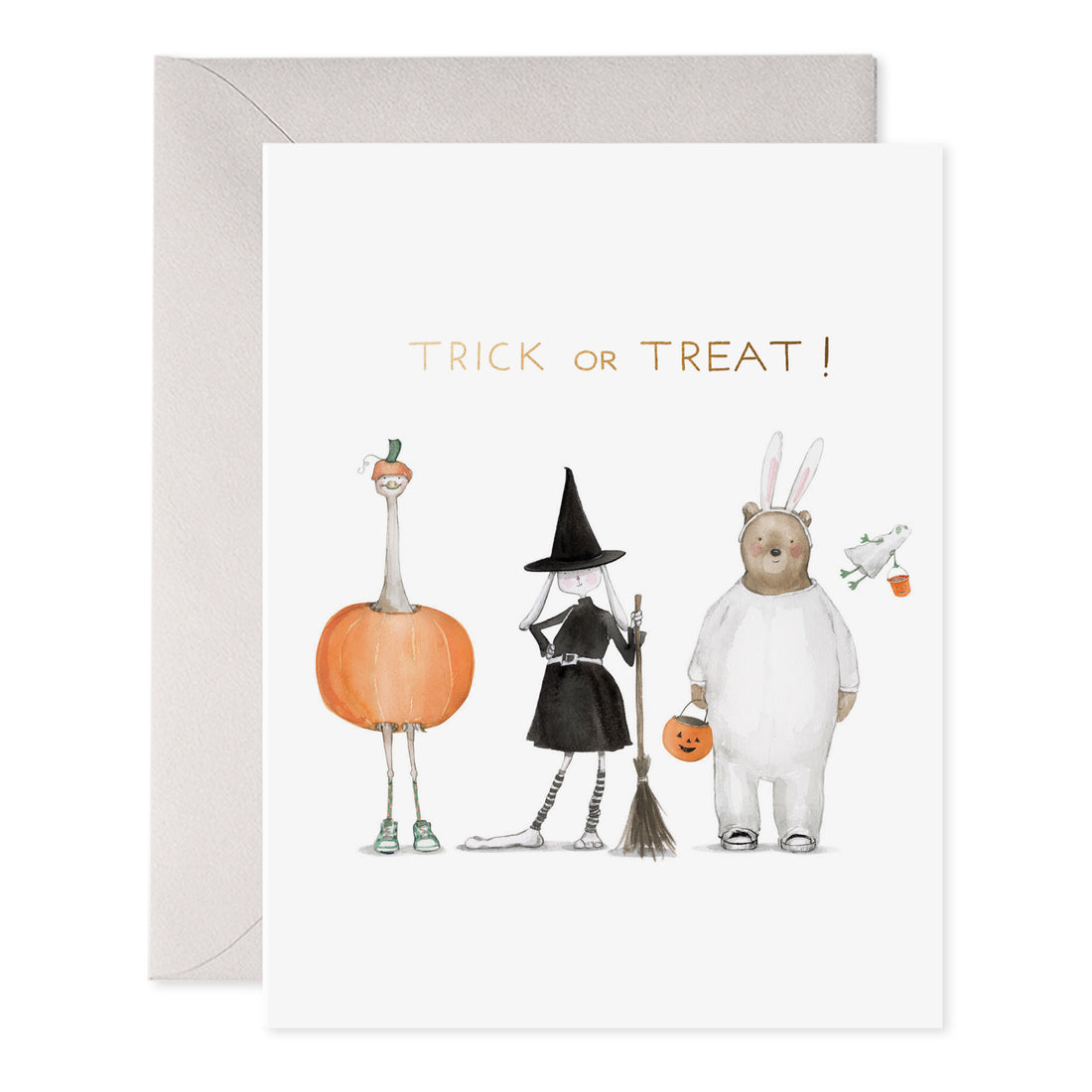Halloween greeting card with “TRICK OR TREAT!” and cartoon Halloween characters