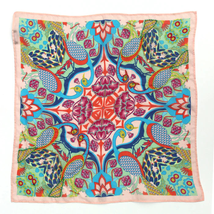 Square bandana scarf with bright tropical bird print and embroidered floral design