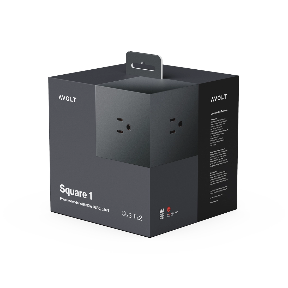 Square 1 extension cord retail box in dark gray with power outlets