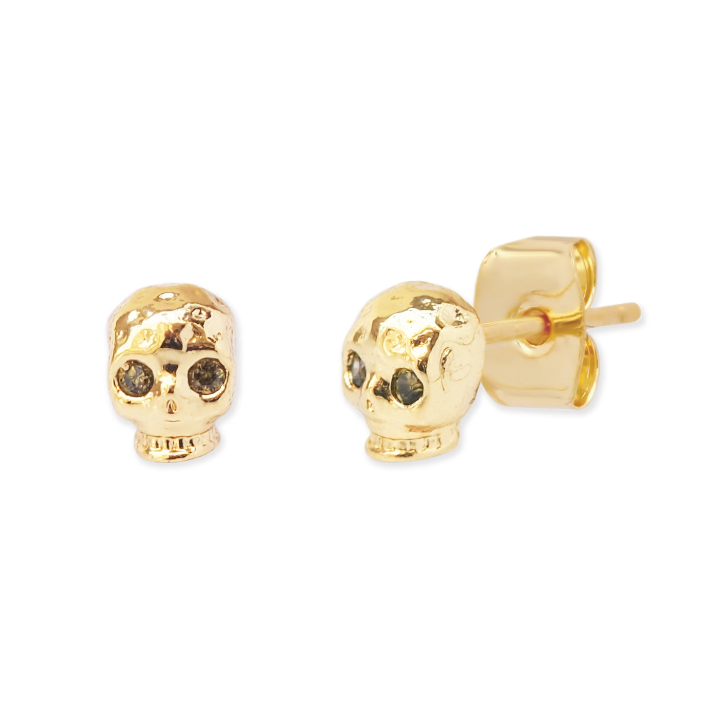 Gold-tone skull stud earrings with black eyes, post back