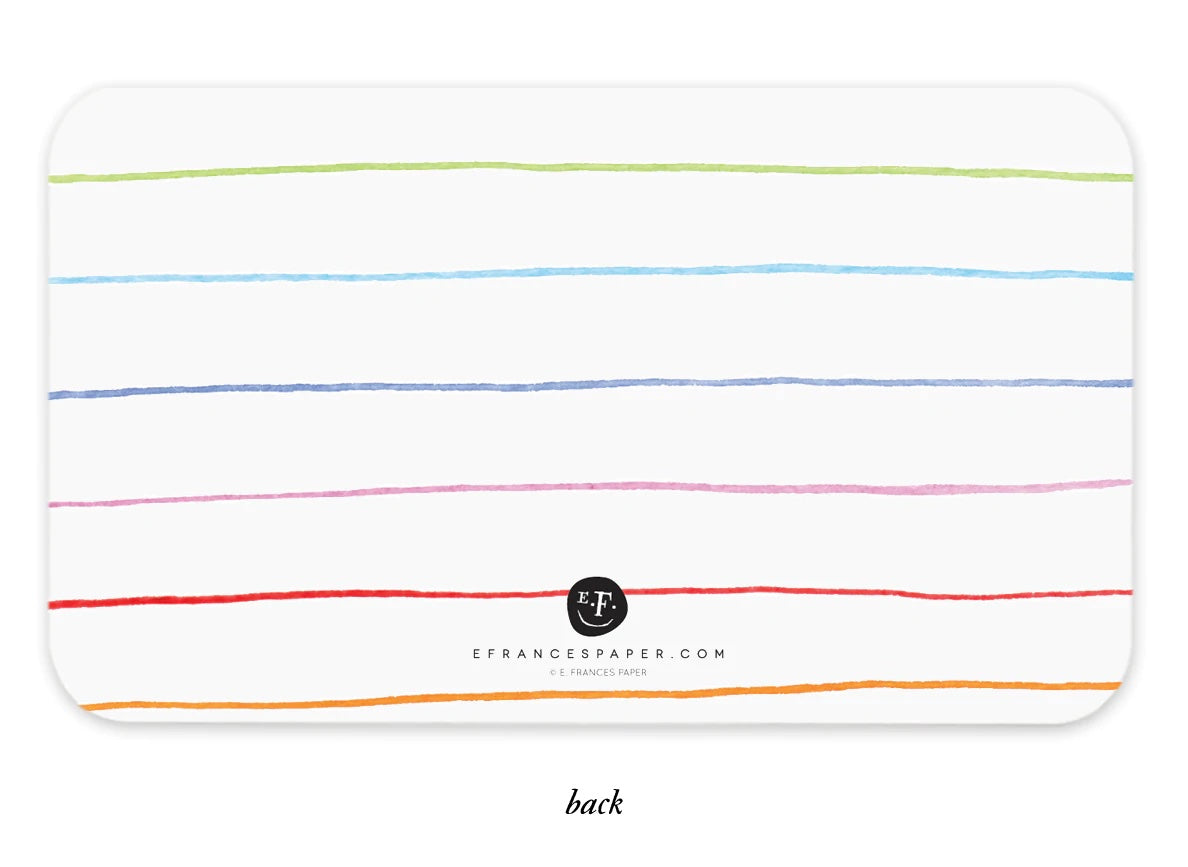 Notepad back with horizontal colored stripes and small logo