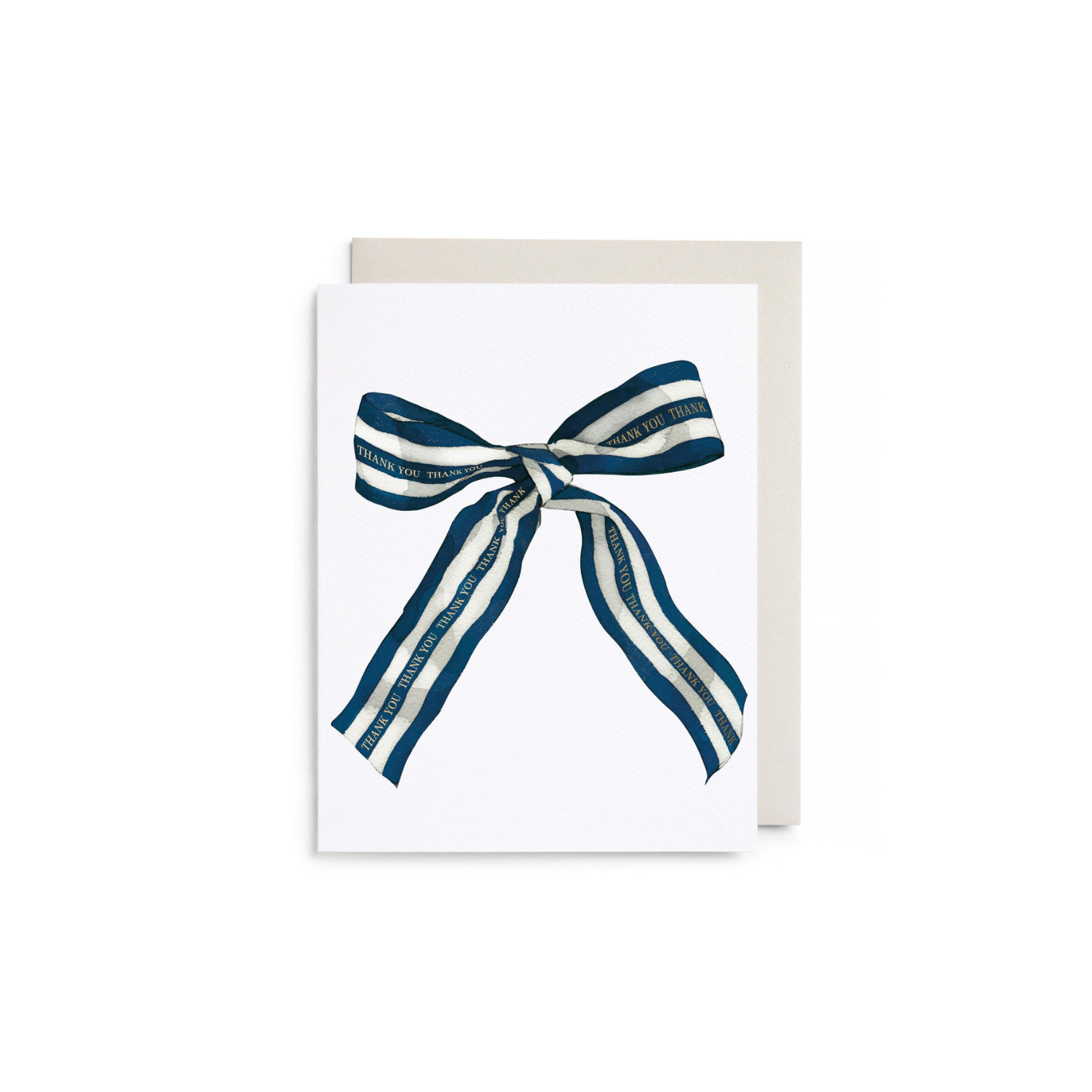 Thank you card with navy striped bow illustration on a white card