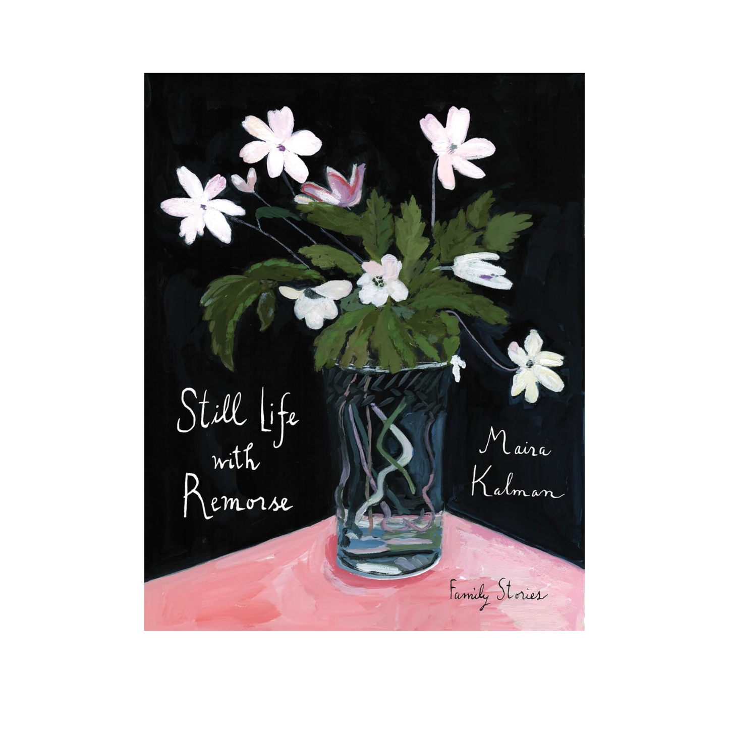 Still life painting with white flowers in blue vase on pink tabletop
