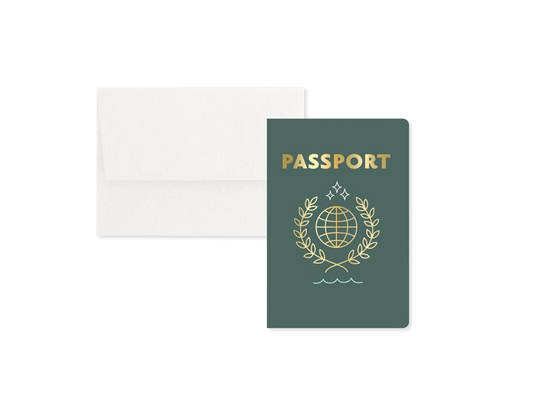 Dark green passport-style card with gold 'PASSPORT' text and globe laurel emblem, with envelope.