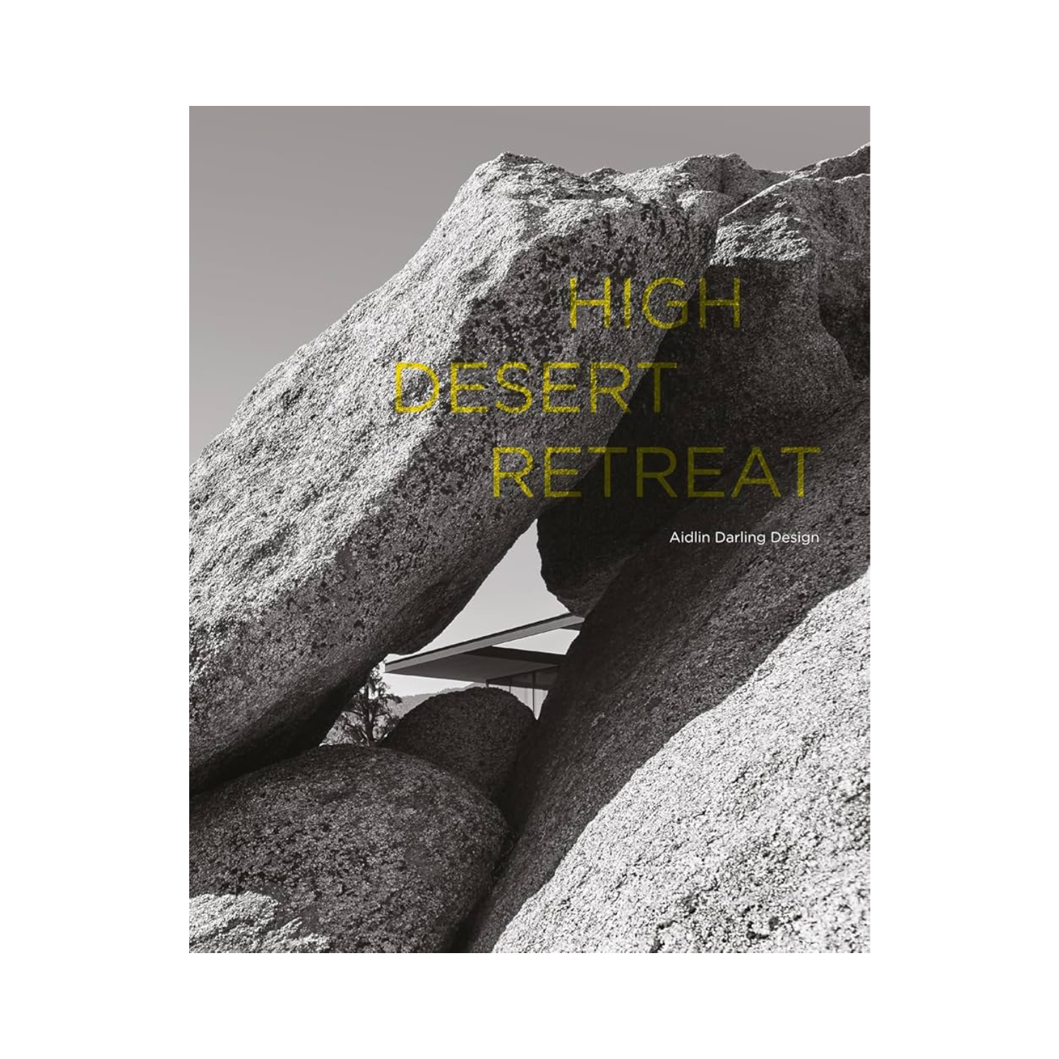 High Desert Retreat wall art featuring gray desert rock formations and yellow title text