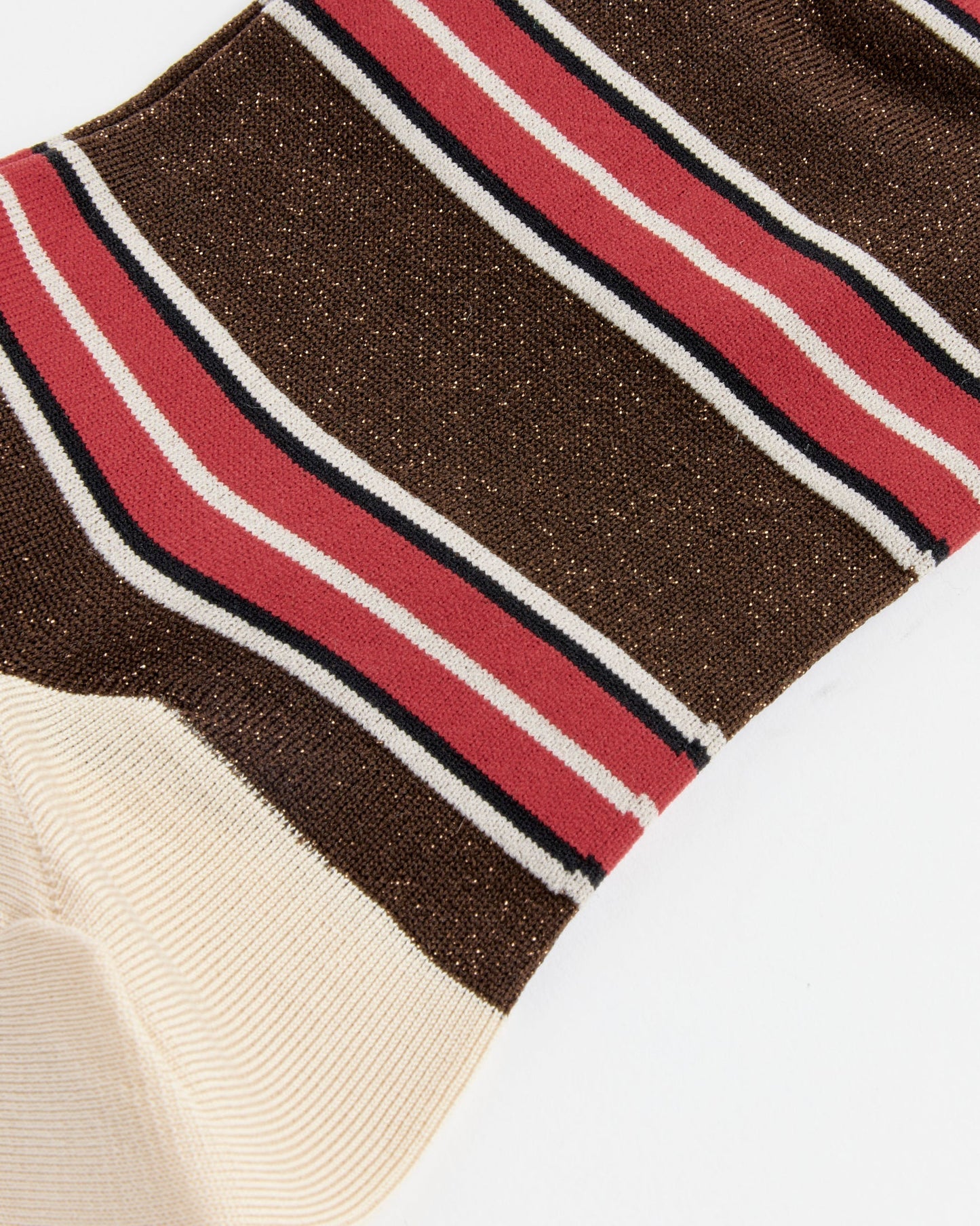 Brown knit socks with red, white, black striped pattern