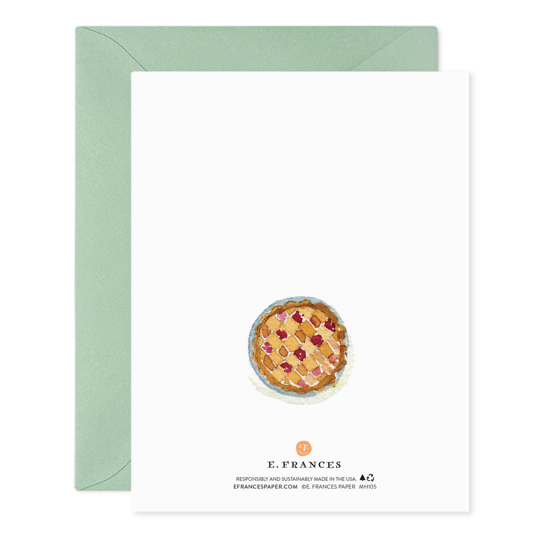 Thanksgiving pie greeting card, back view with pie illustration and E. Frances logo