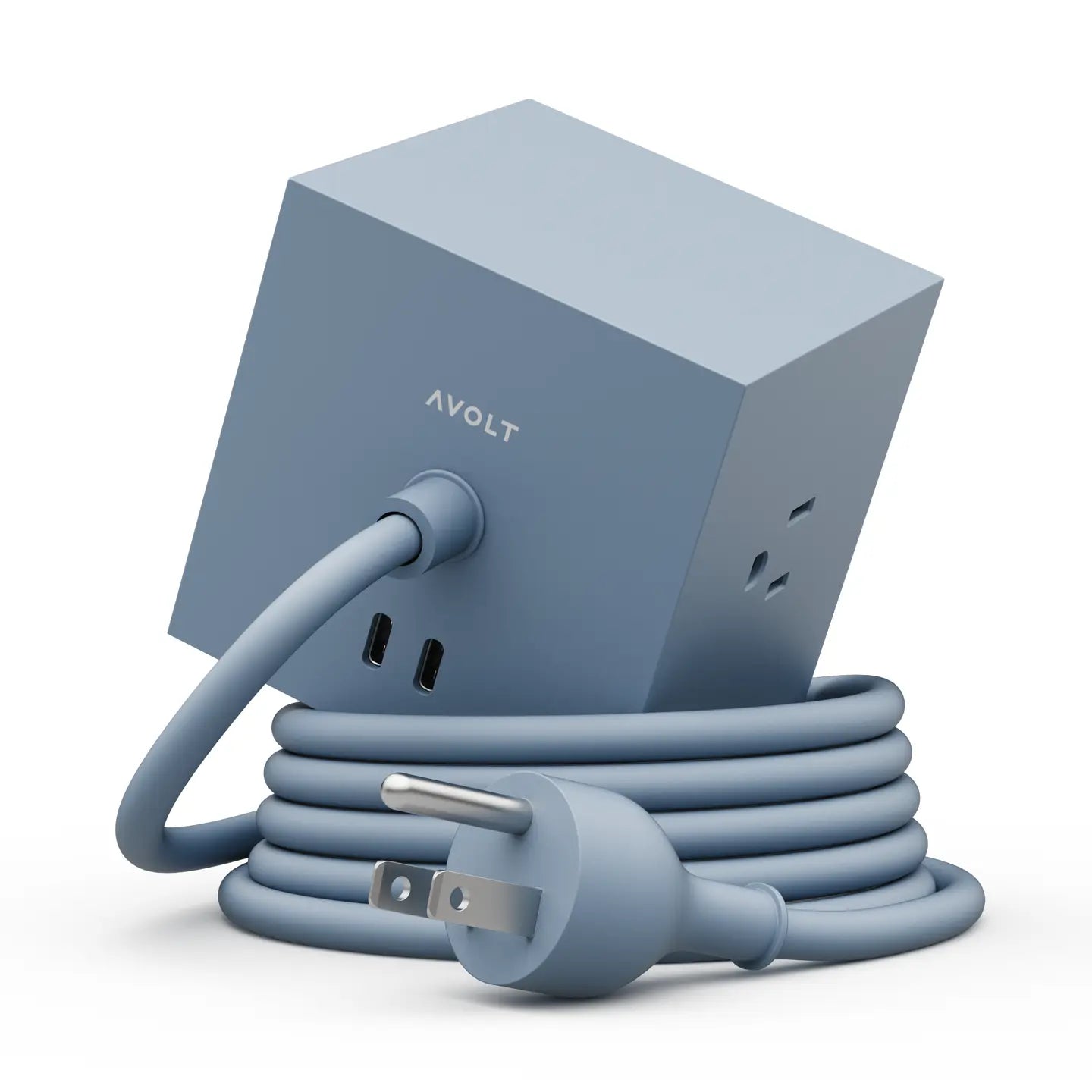 Square 1 extension cord set in blue with 3-prong outlets and coiled cable