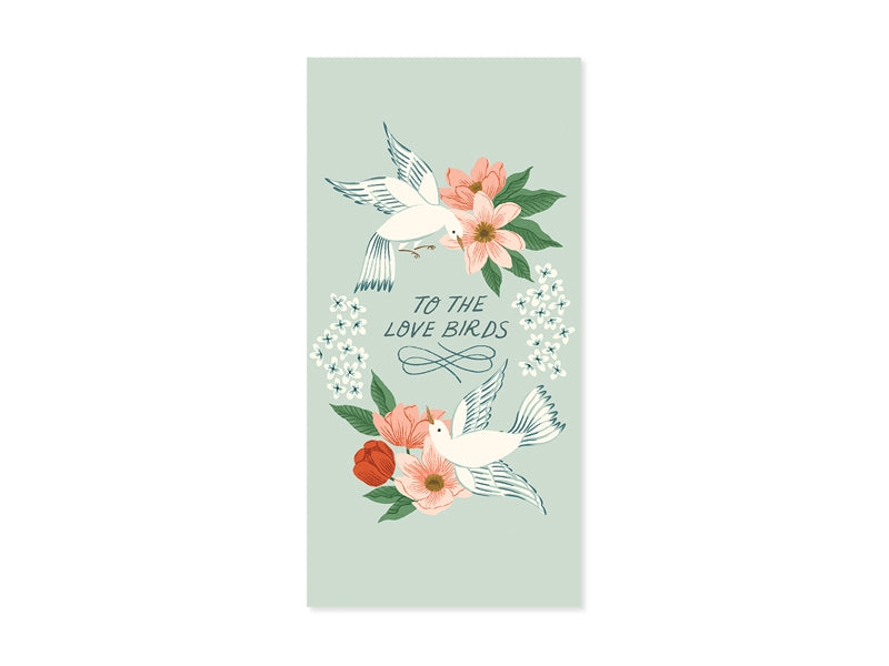 Vertical light green card with birds, coral flowers, and TO THE LOVE BIRDS text