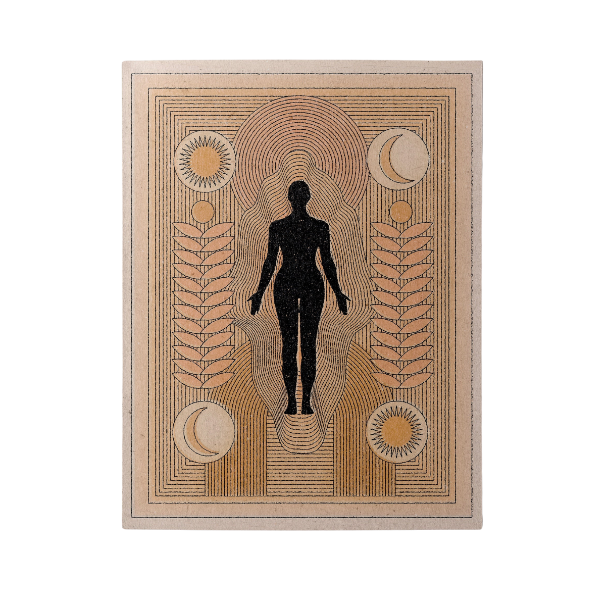 Rectangular framed print with black standing figure in gold sun-and-moon design