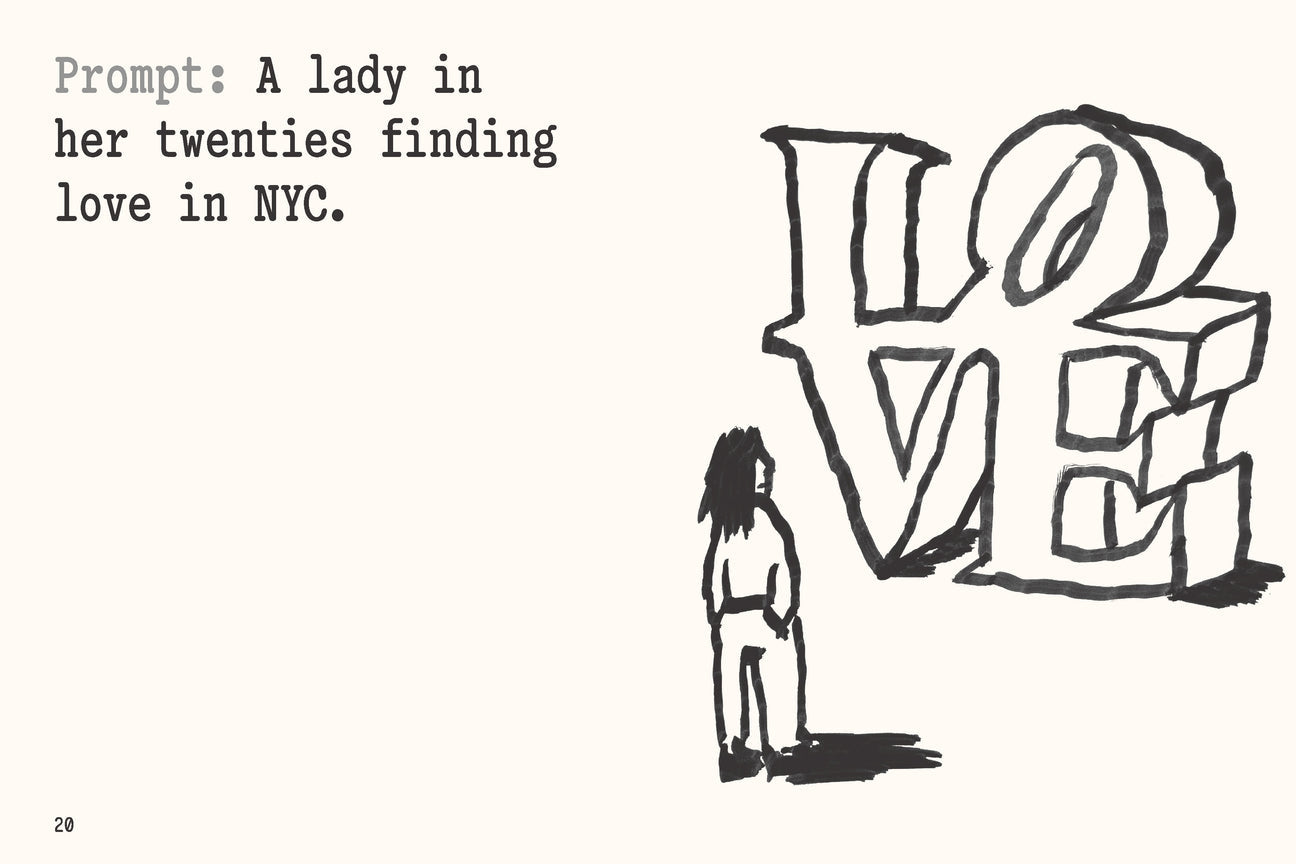 Sketch page with black line art of a woman and a LOVE sign