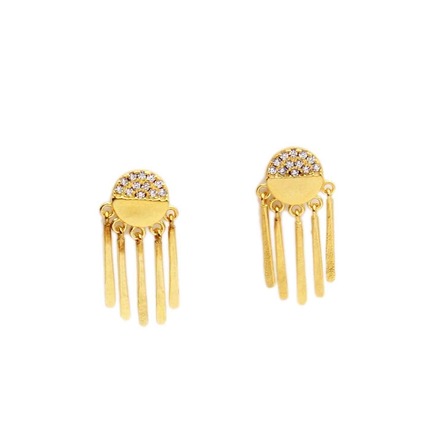 Pair of gold pavé stud earrings with dangling bar tassels