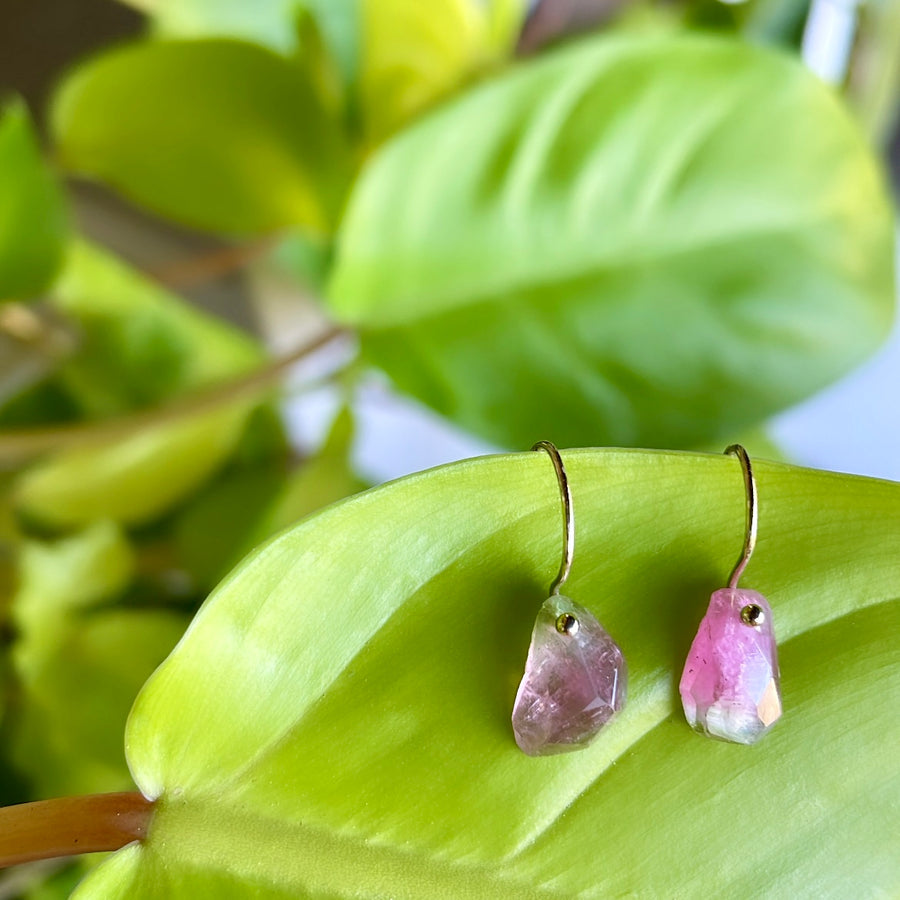 Gold hoop earrings with small pink tourmaline-like drop stones