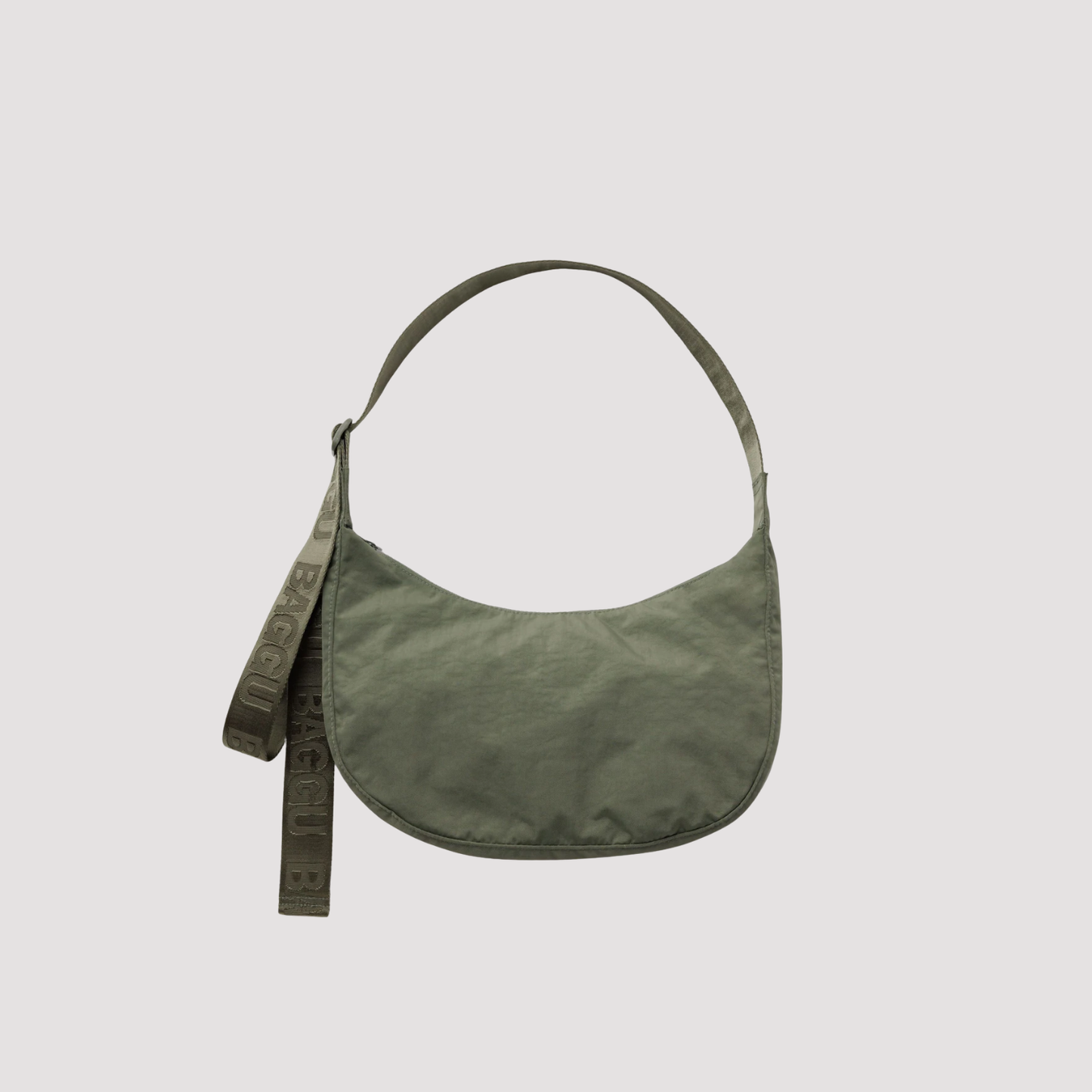 Medium nylon crescent shoulder bag in green, curved top handle and logo web strap