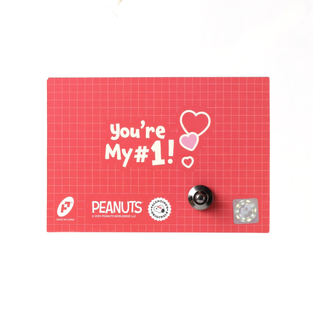 Red Valentine pin card back reading “You’re My #1” with hearts and Peanuts logo