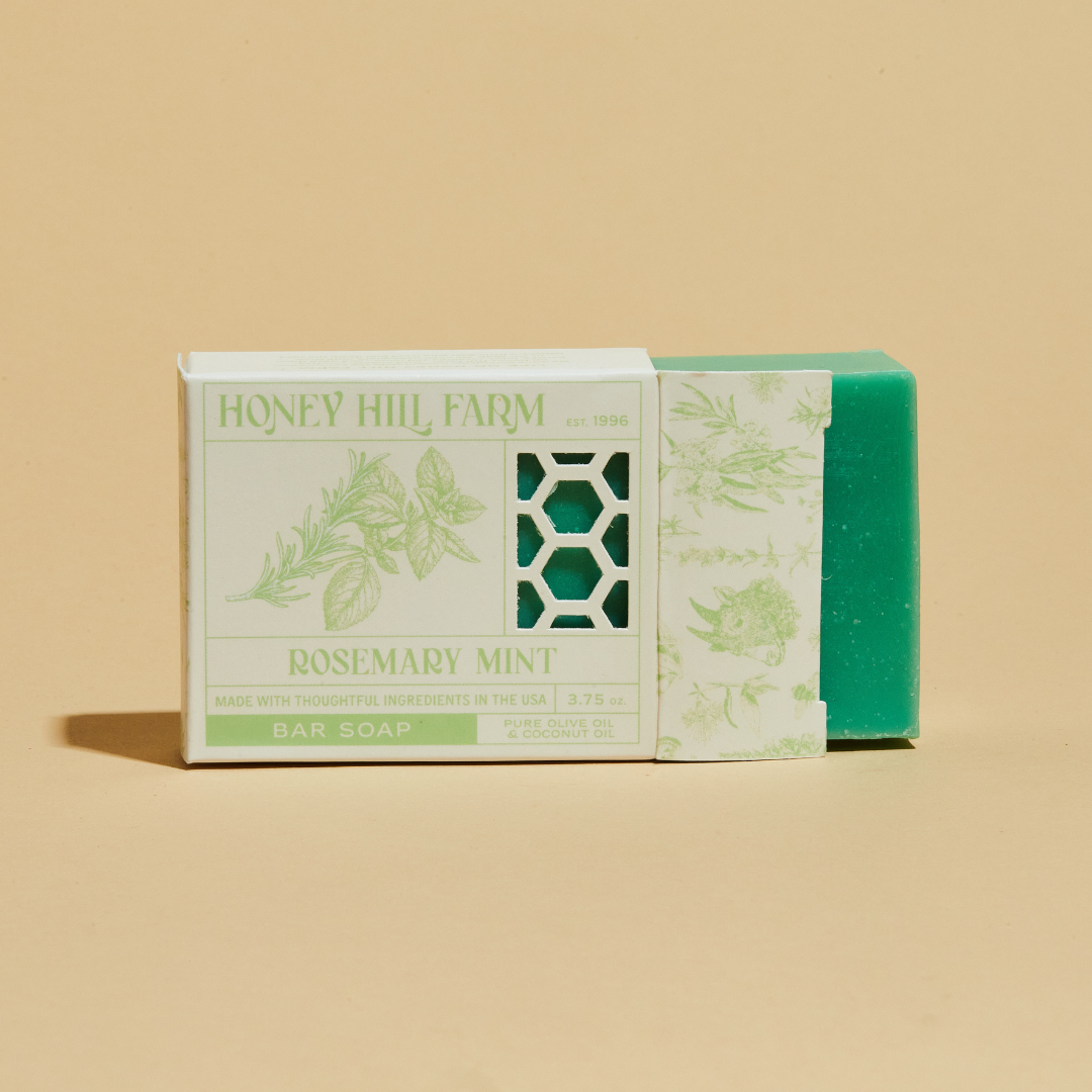 Rosemary mint bar soap with green and cream bars in box, vegetable motif
