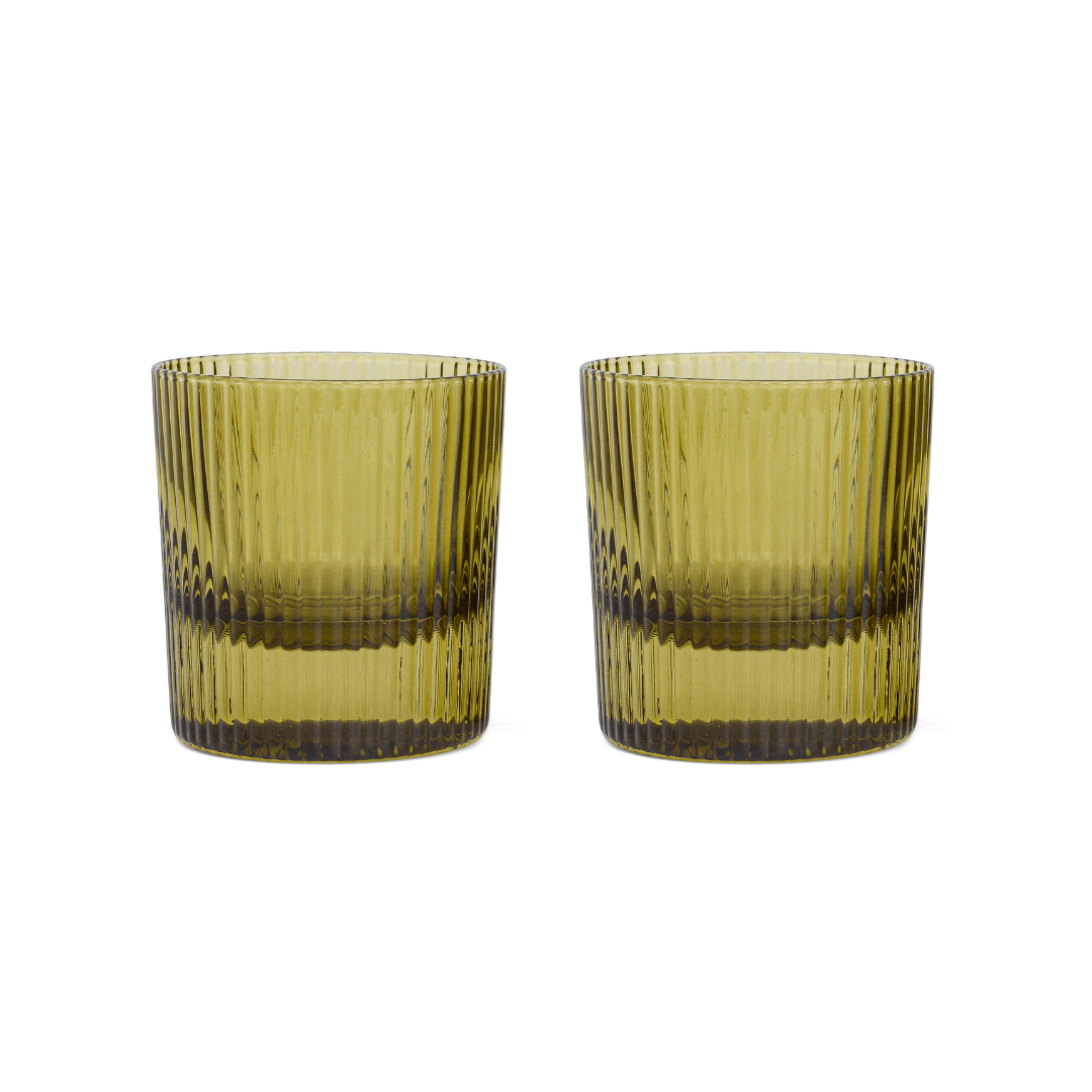 Set of two lowball glasses in olive green with ribbed sides and dark base band
