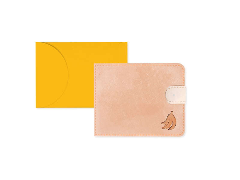 Wallet pop-up greeting card with peach front and banana icon patch