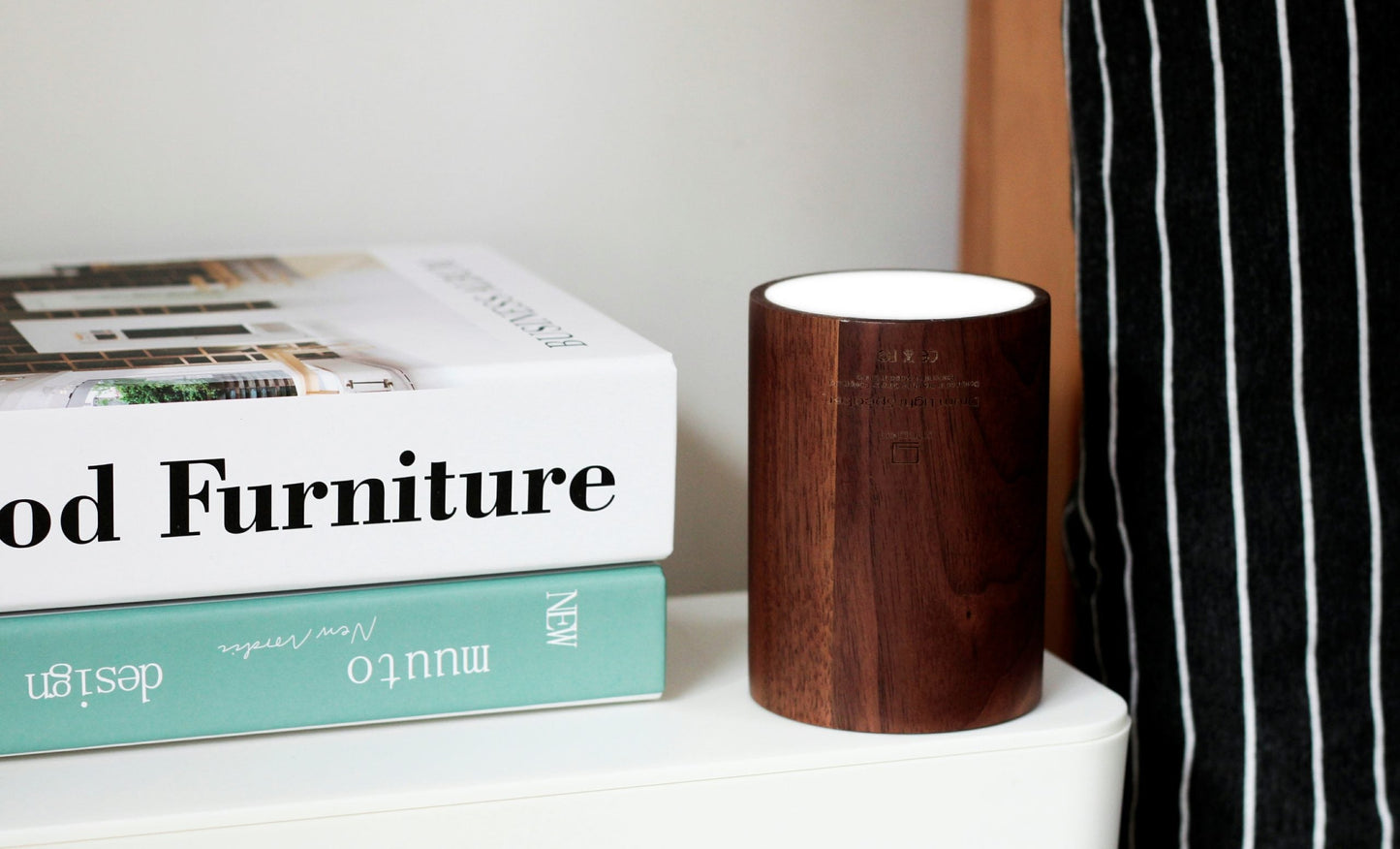 Walnut wood drum Bluetooth speaker with glowing top light and metal side latch
