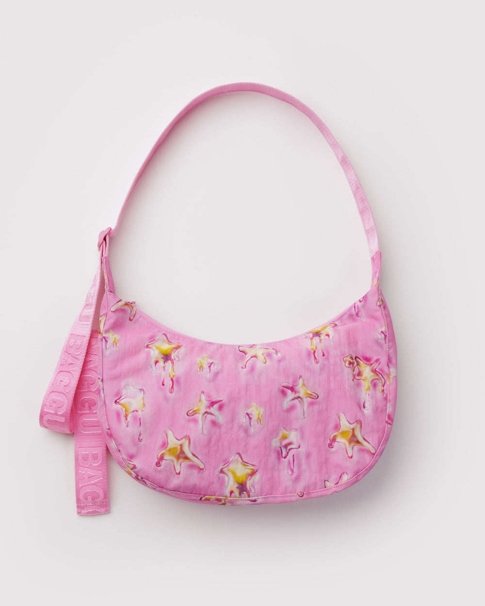Pink nylon crescent shoulder bag with printed animal motif and fabric handle