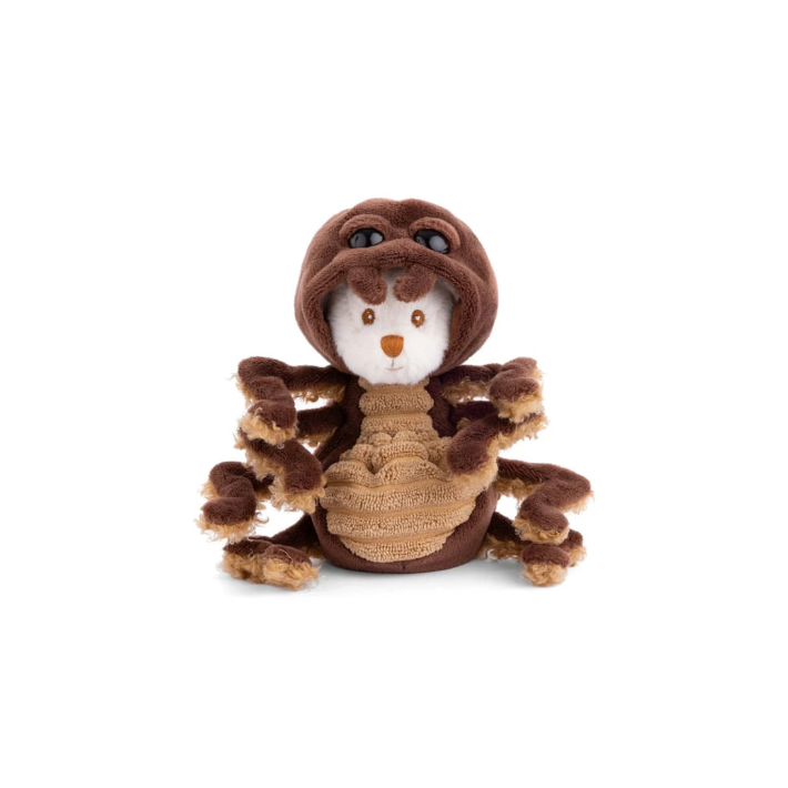 Brown plush spider toy with big eyes and textured body, plush legs outstretched