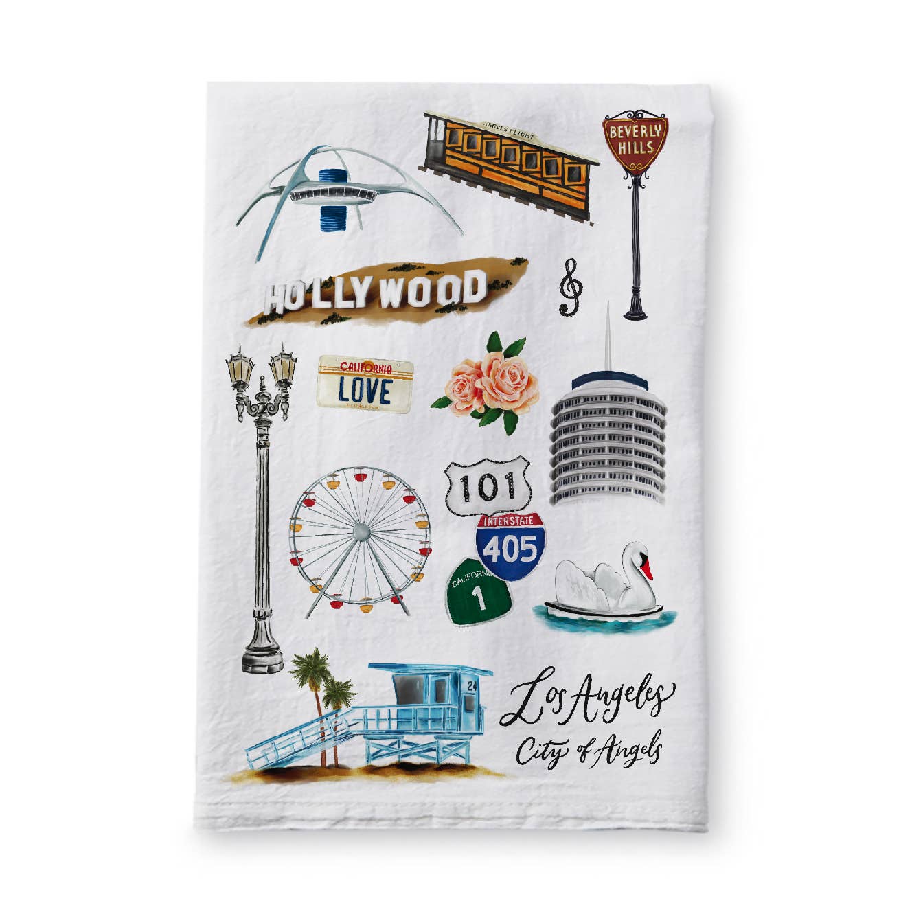 White tea towel with Los Angeles collage prints and landmark illustrations, includes text graphics