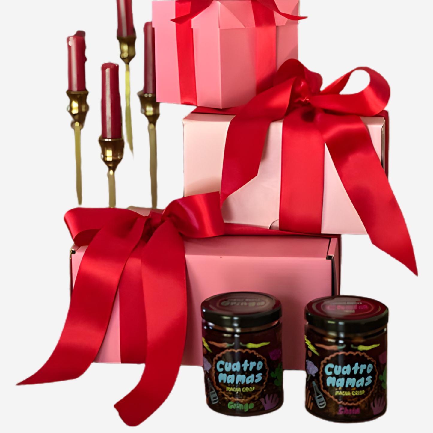 Chili crisp gift box set with two jars, wooden spoon, and red ribbon bow