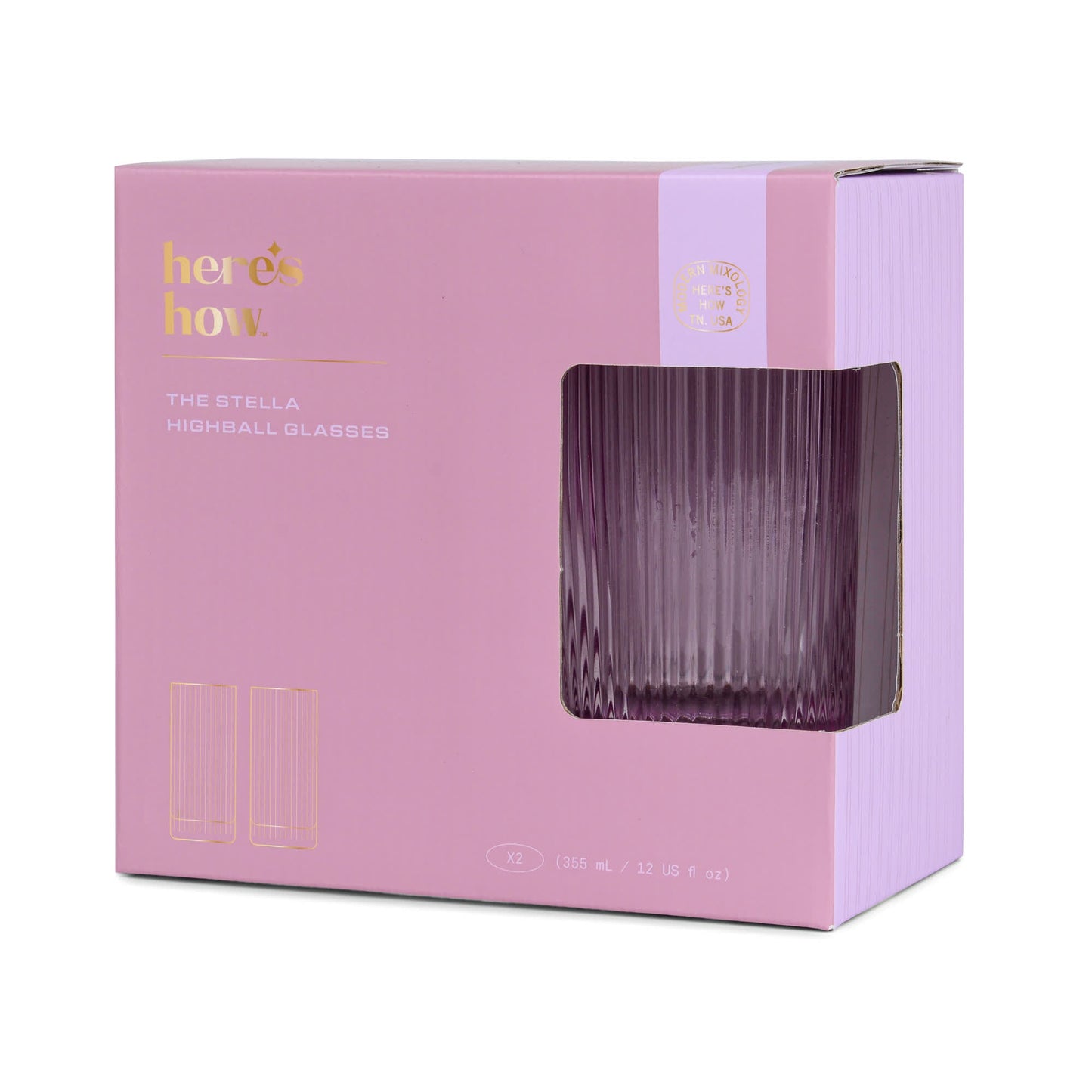 Lilac highball glasses set of 2 shown in a purple gift box with ribbed design