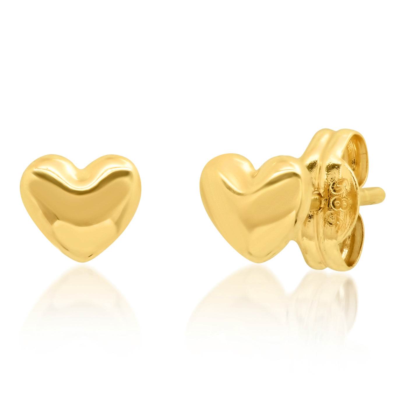 Gold heart stud post earrings, front view pair with smooth shine