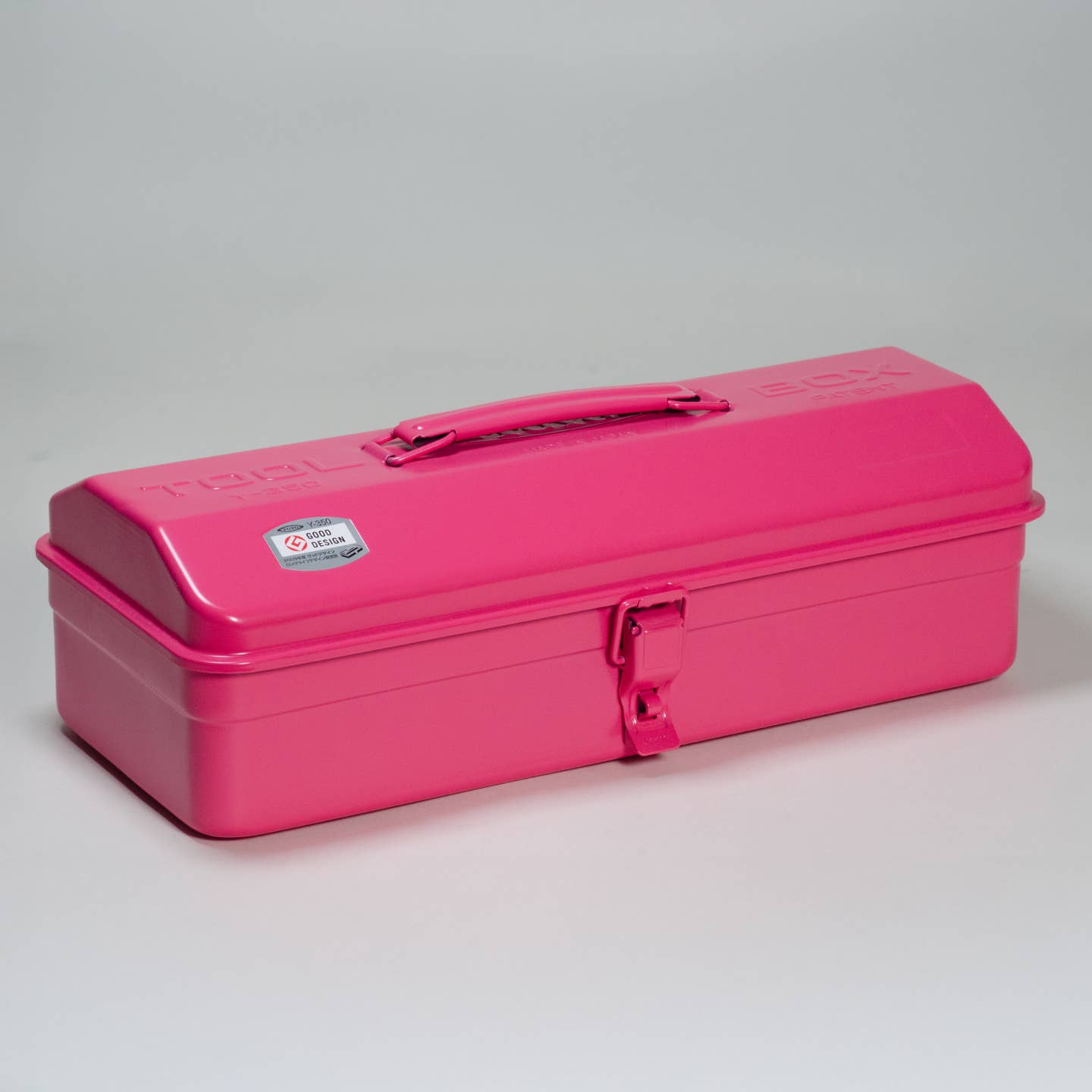 Pink steel toolbox with top handle and camber lid, front metal latch closure