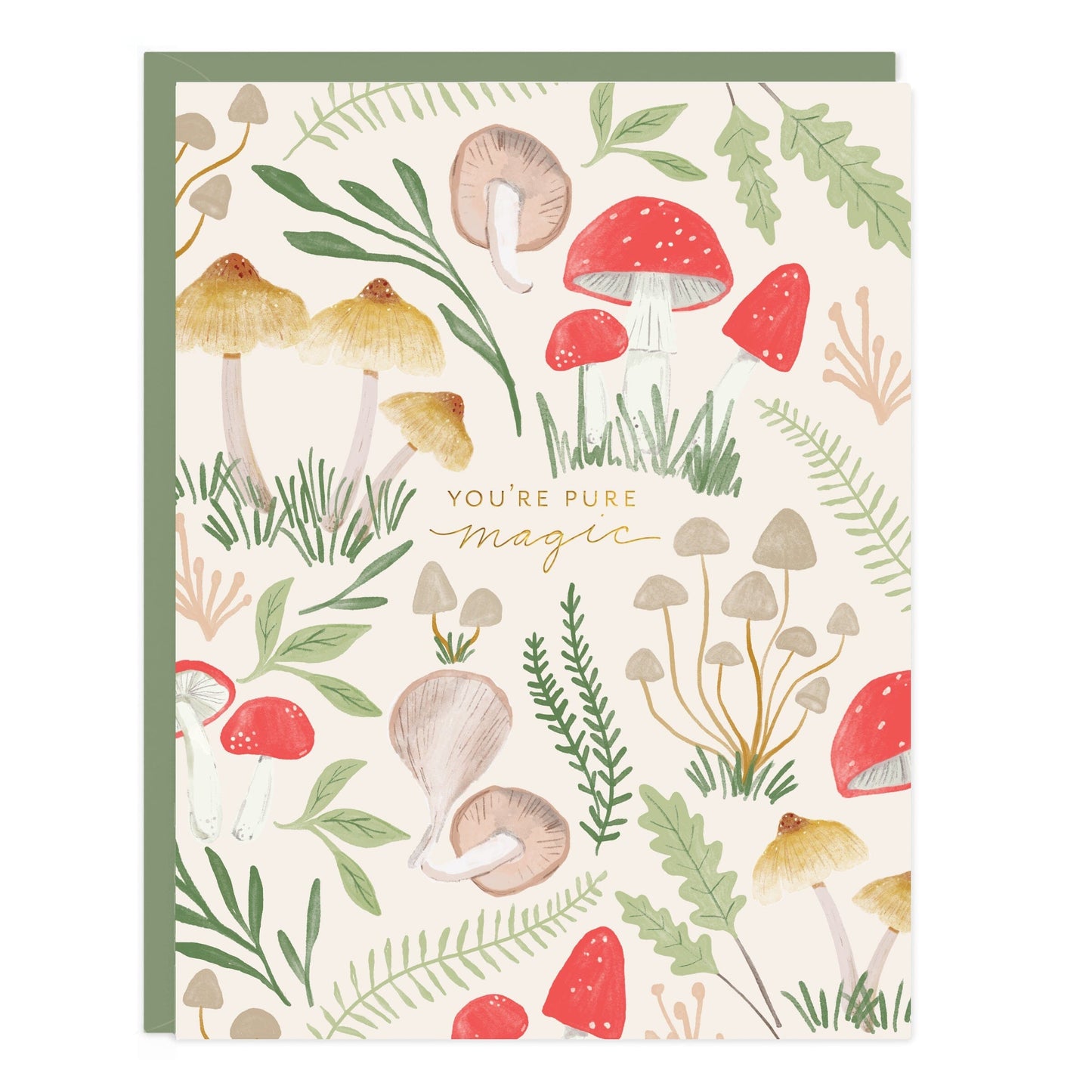 Magic mushroom card with cream cover, red and tan mushrooms, leaf pattern and 'YOU'RE PURE' text