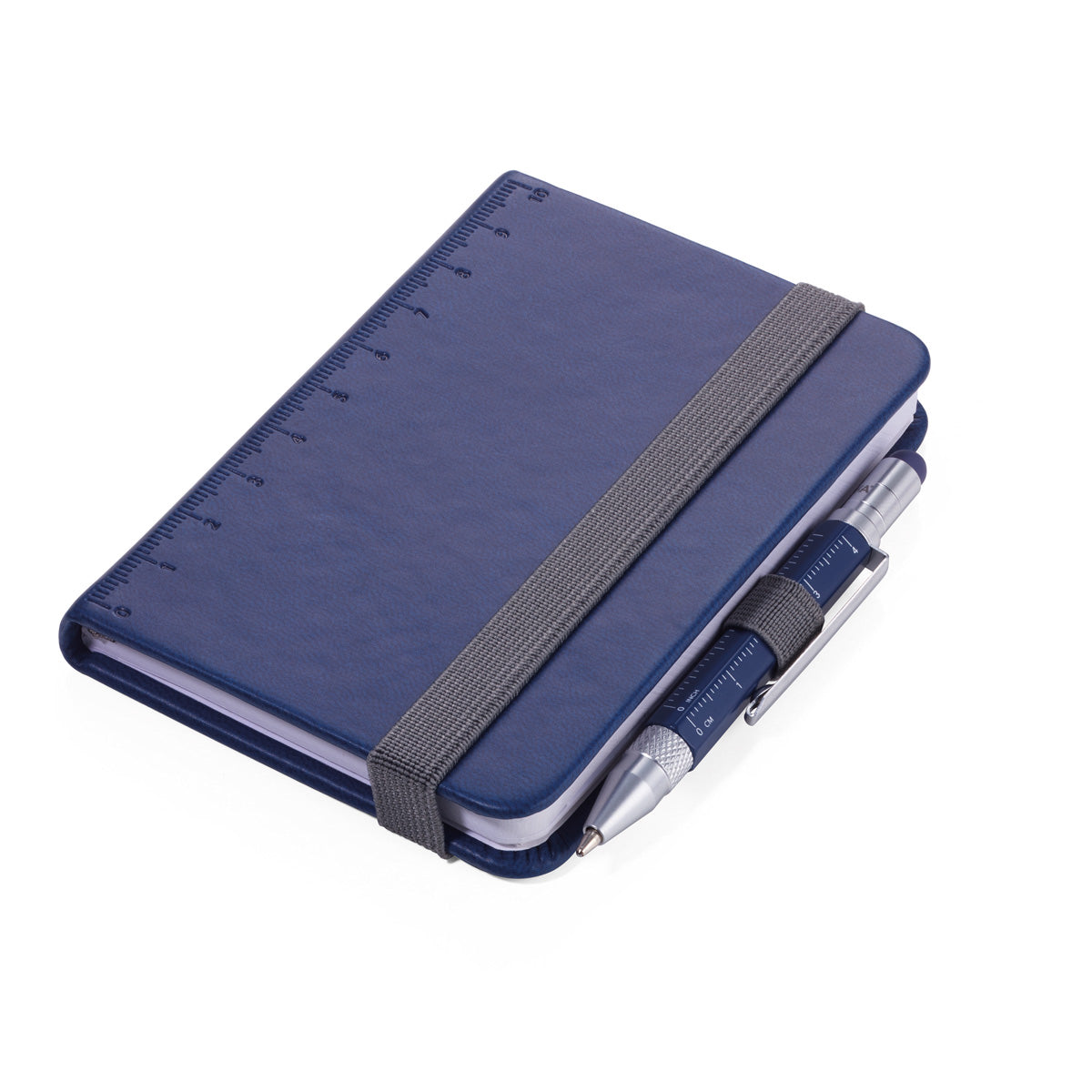 Navy mini notebook with pen, elastic strap, ruler markings on cover