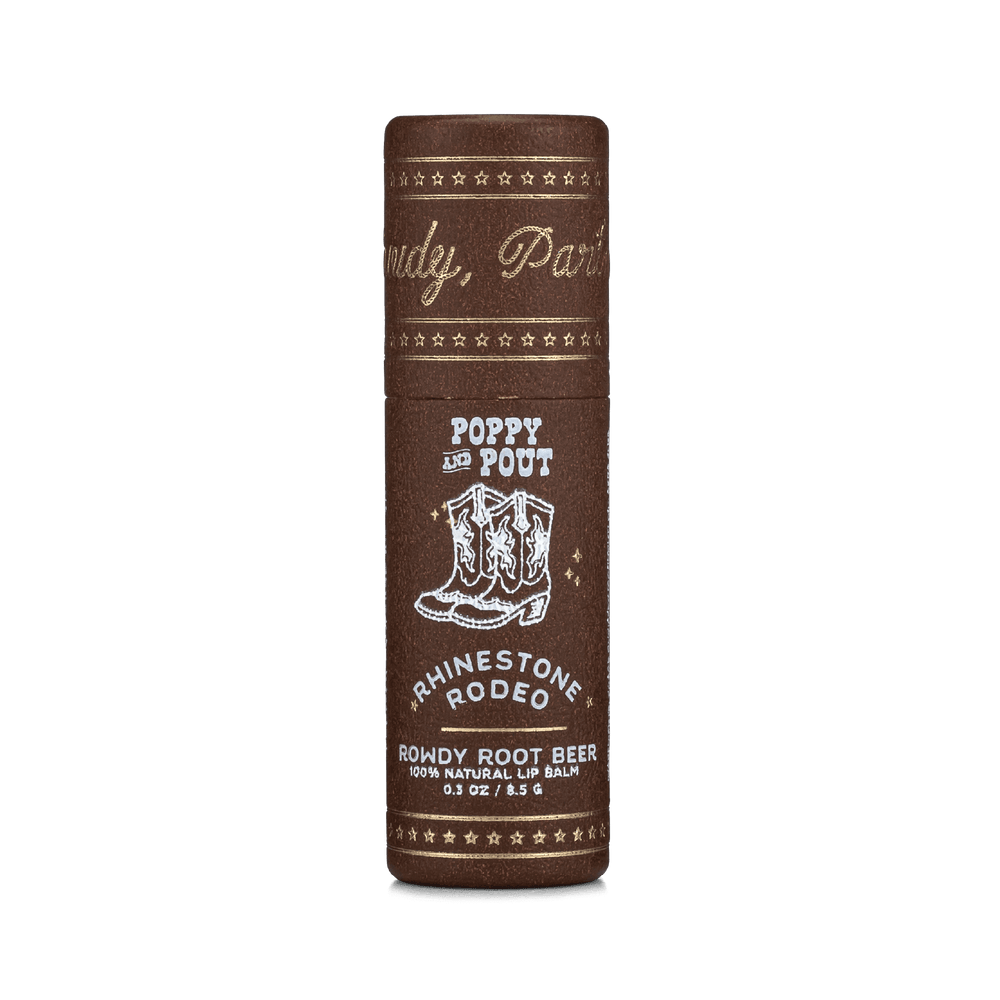 Brown Rhinestone Rodeo lip balm tube with Poppy and Pout and horse graphic