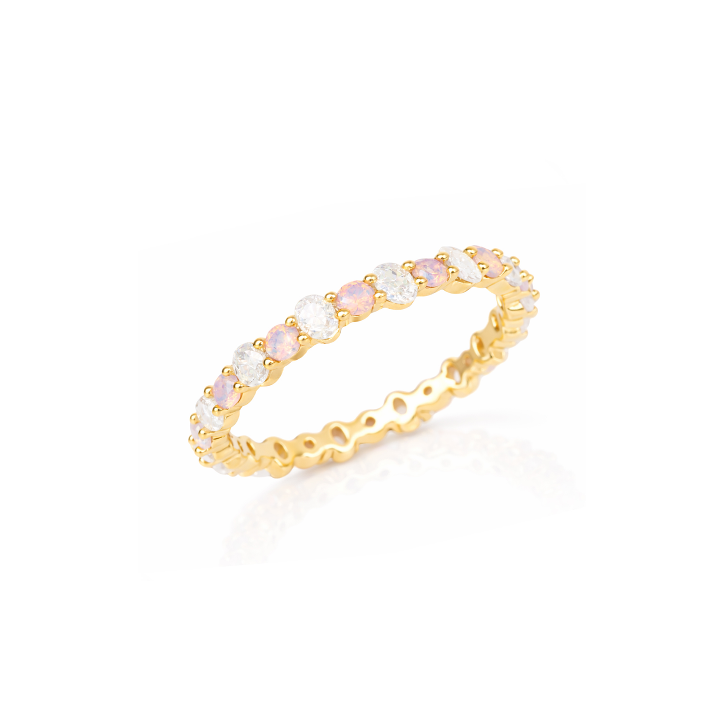 Gold-tone ring with oval pink CZ stones and wave band